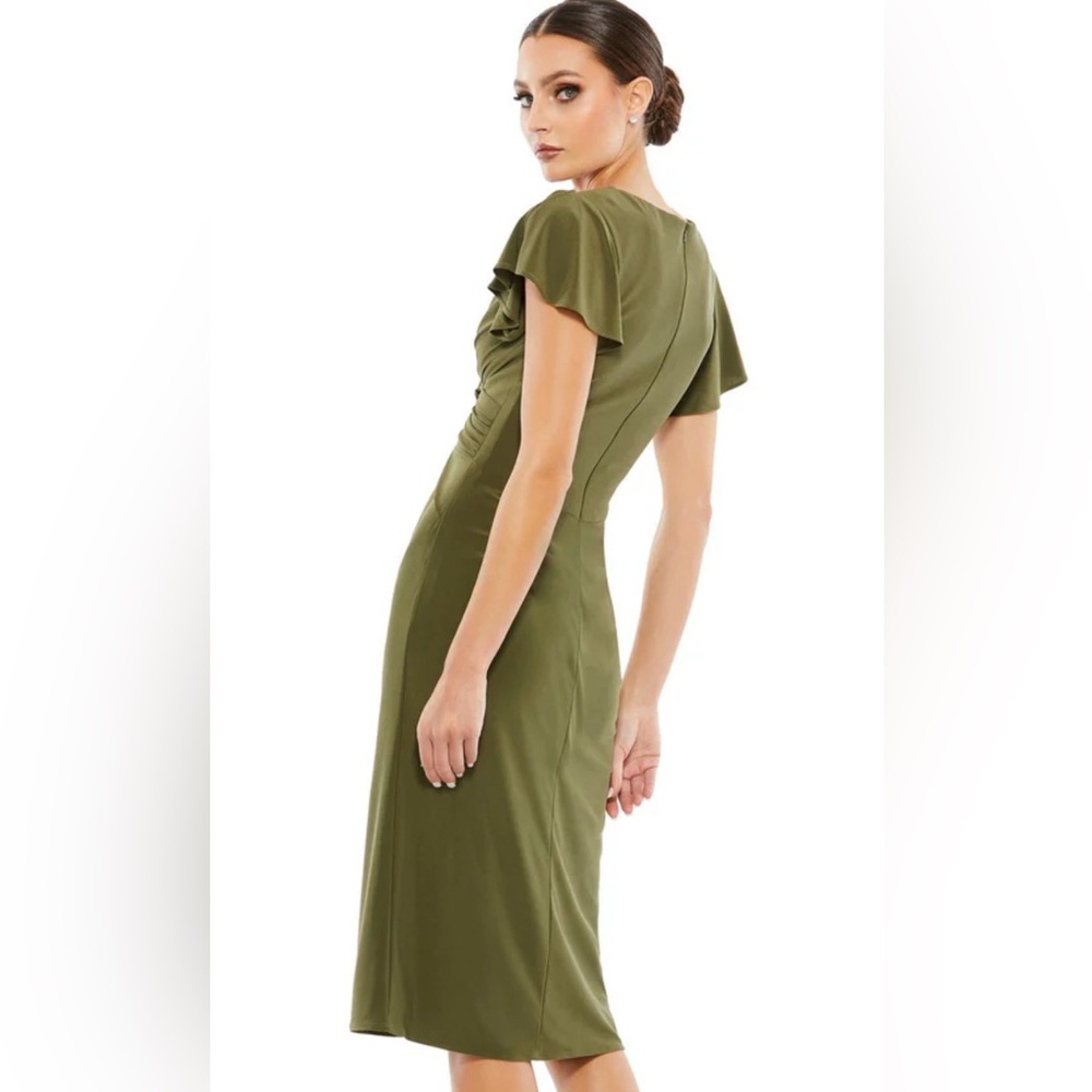 Mac Duggal Olive Green Ruched Midi Dress Surplice Flutter‎ Sleeve Sexy NWT 2 - Picture 14 of 15